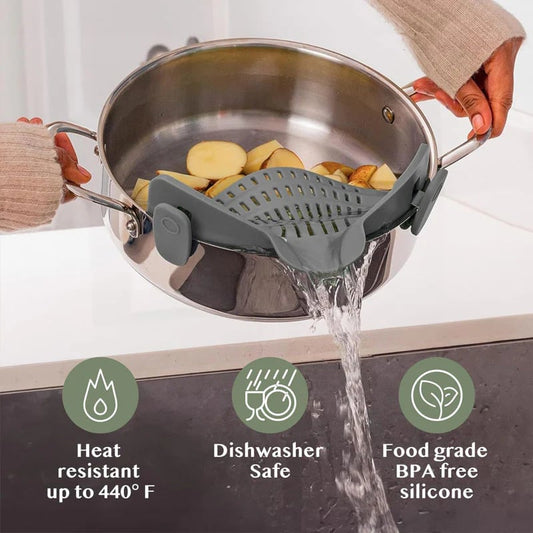 💥Silicone Clip-On Pasta Strainer for Pots: Hands-Free & Quick Drain